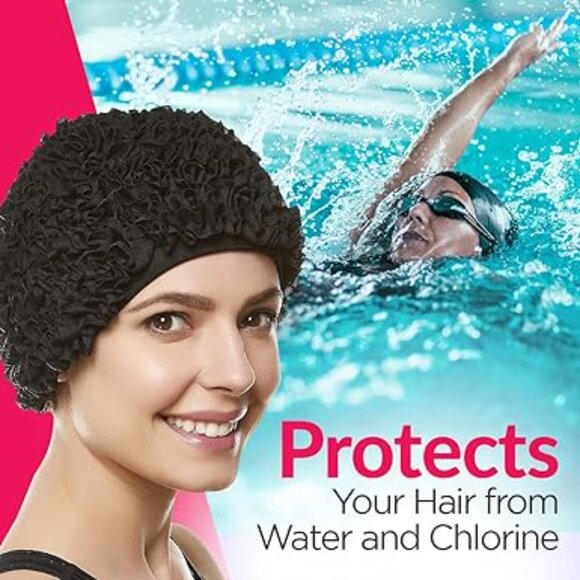 Beemo Women’s Swim Bathing Cap Turban Polyester Lined Ruffled Shower Cap - Black - Picture 4 of 7